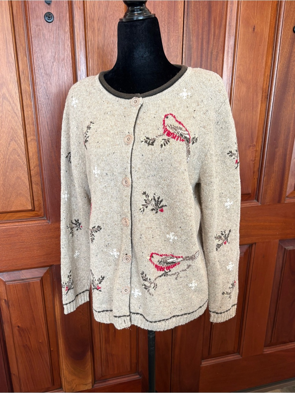 Christopher Banks Hand Embroidered Wool Blend Cardigan Cardinal Snowflake Sz L